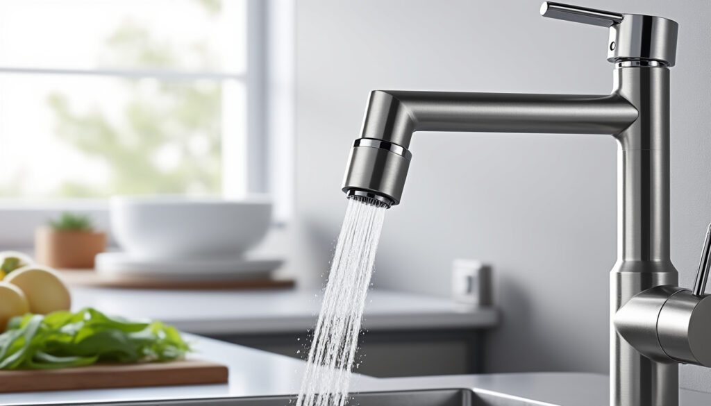 embout de robinet de cuisine pivotant conçu pour économiser l'eau tout en facilitant la direction du flux, idéal pour un usage quotidien et écologique.